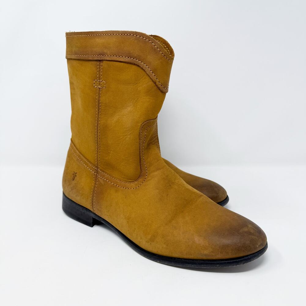 Frye Tan Nubuck Leather Mid-Calf Boots Women's Size 8 EUC Pull On Made in Mexico